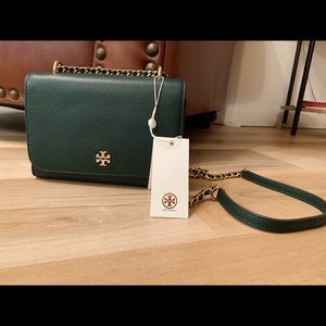 Tory Burch Carter Shrunken Shoulder Bag. Color Jitney Green. Tags still on.
